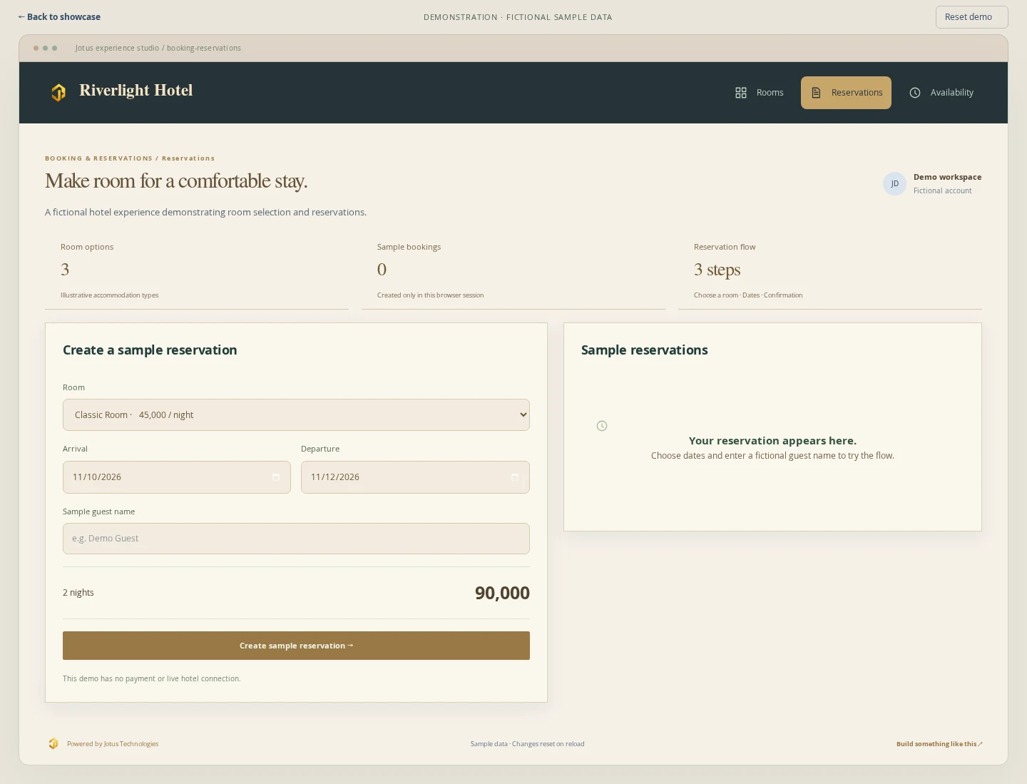 Booking & Reservations demonstration: reservation workspace with fictional sample data