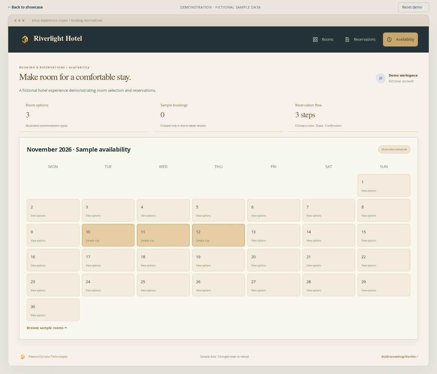 Booking & Reservations demonstration: availability calendar with fictional sample data