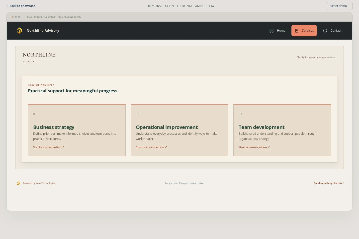 Business Websites demonstration: services page with fictional sample data