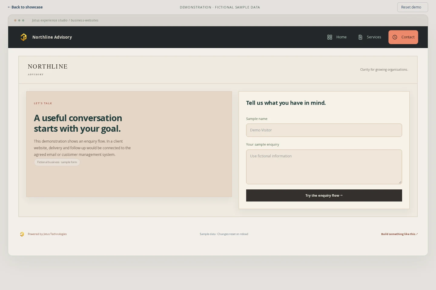Business Websites demonstration: enquiry page with fictional sample data