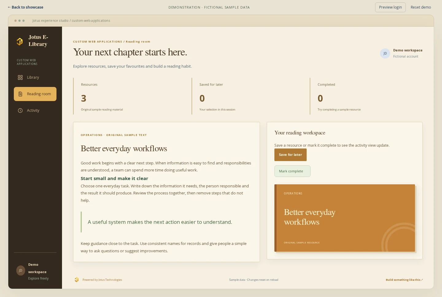 Custom Web Applications demonstration: reading workspace with fictional sample data