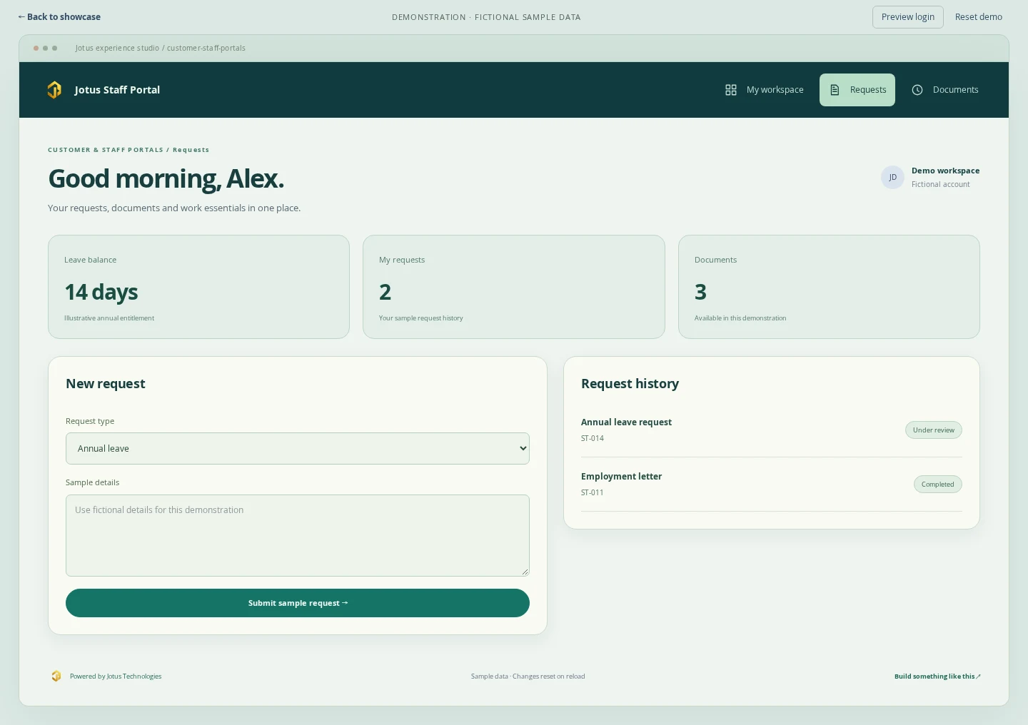 Customer & Staff Portals demonstration: request tracking with fictional sample data