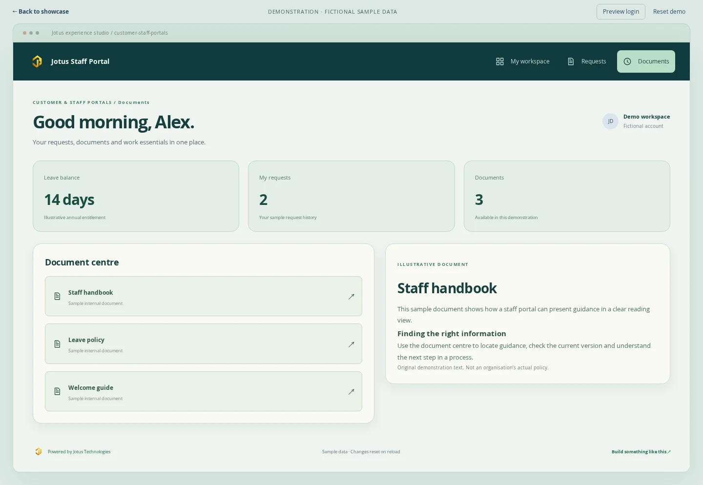 Customer & Staff Portals demonstration: document centre with fictional sample data