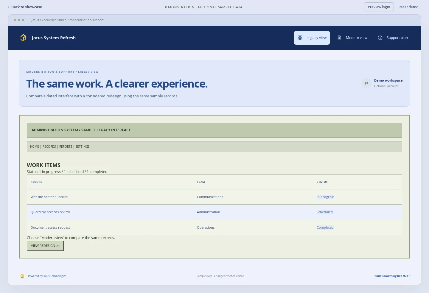 Modernisation & Support demonstration: legacy interface example with fictional sample data