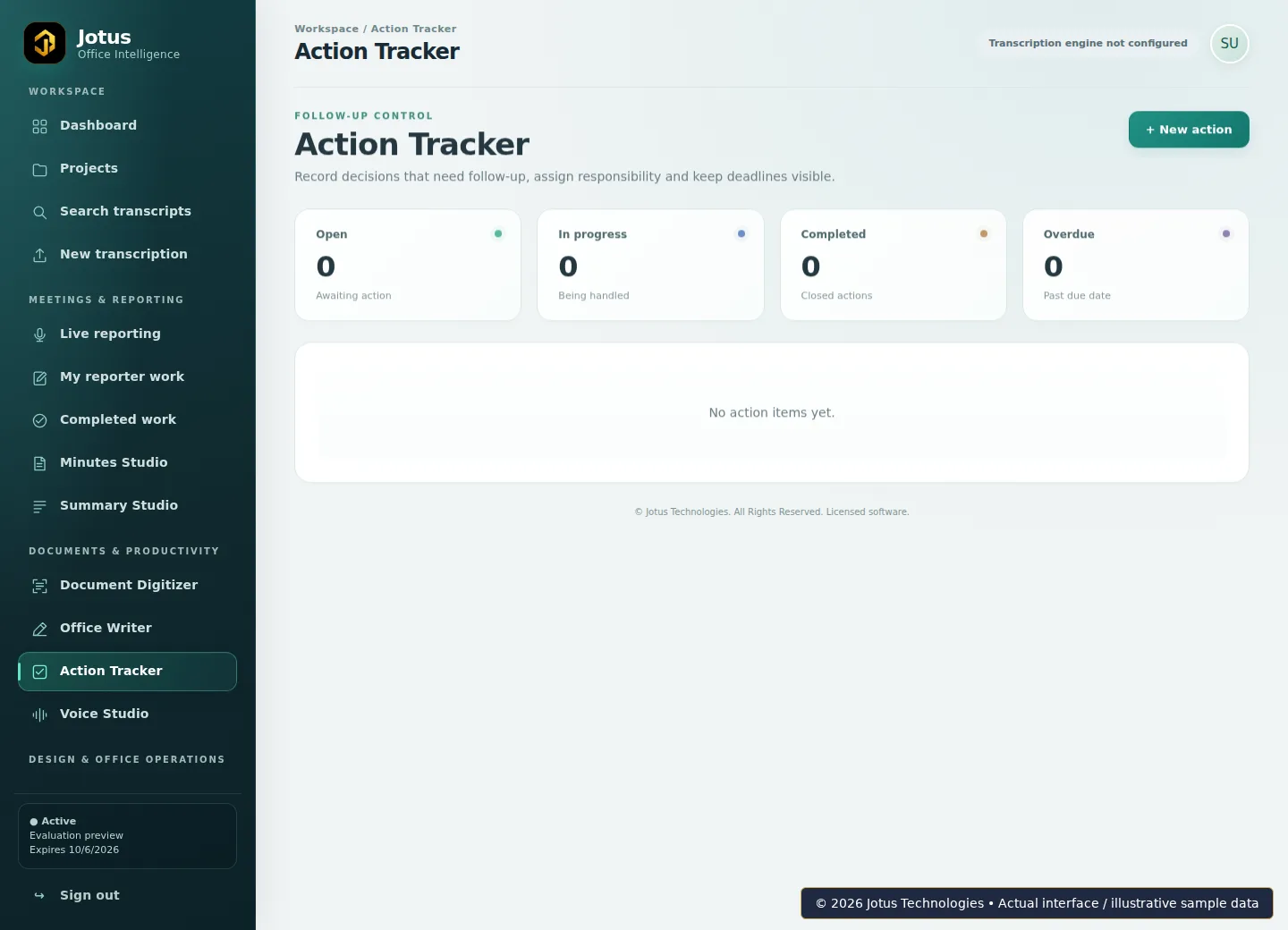 Jotus Office Intelligence Suite Action Tracker interface, showing illustrative sample data