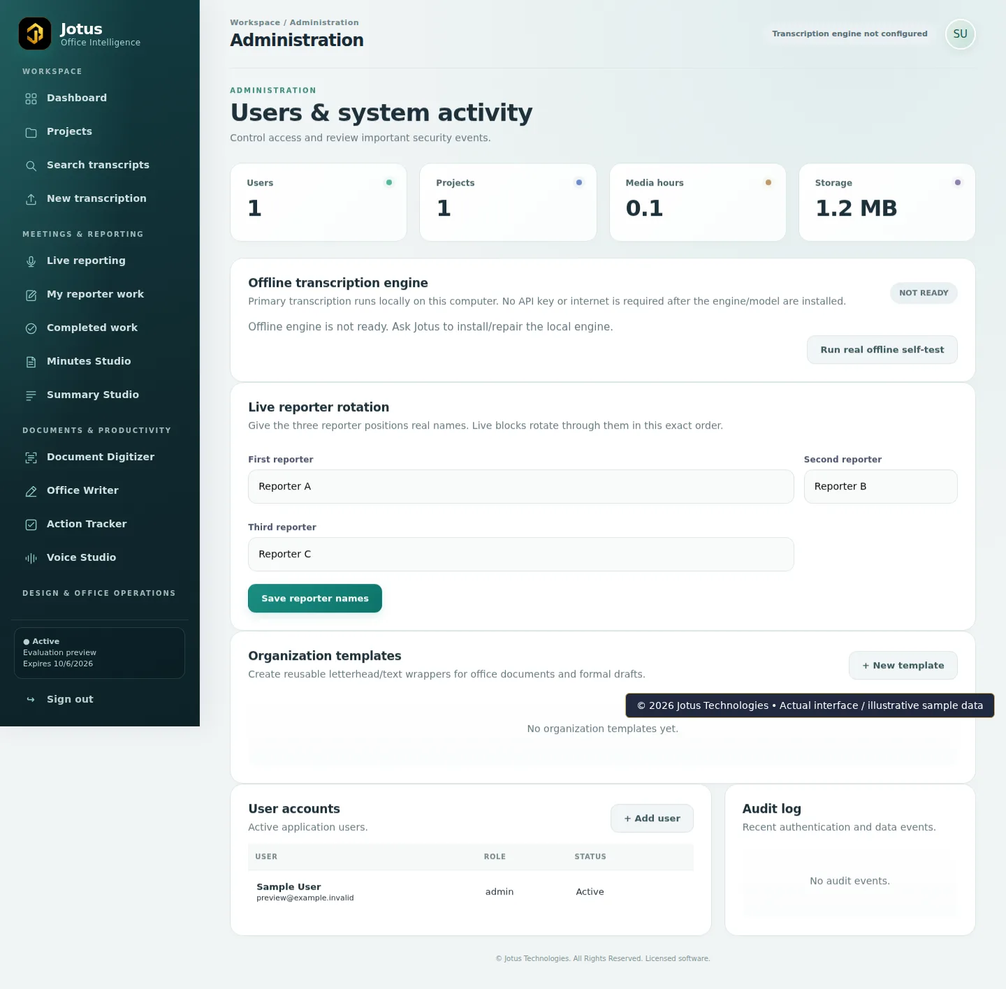 Jotus Office Intelligence Suite Administration interface, showing illustrative sample data
