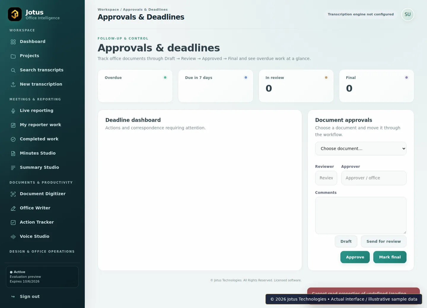 Jotus Office Intelligence Suite Approvals & Deadlines interface, showing illustrative sample data