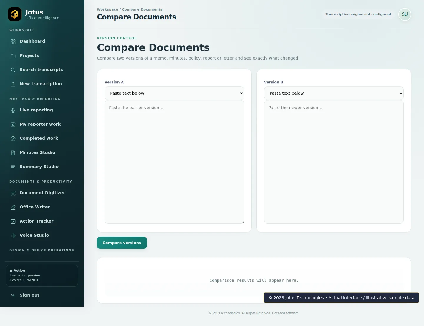 Jotus Office Intelligence Suite Compare Documents interface, showing illustrative sample data