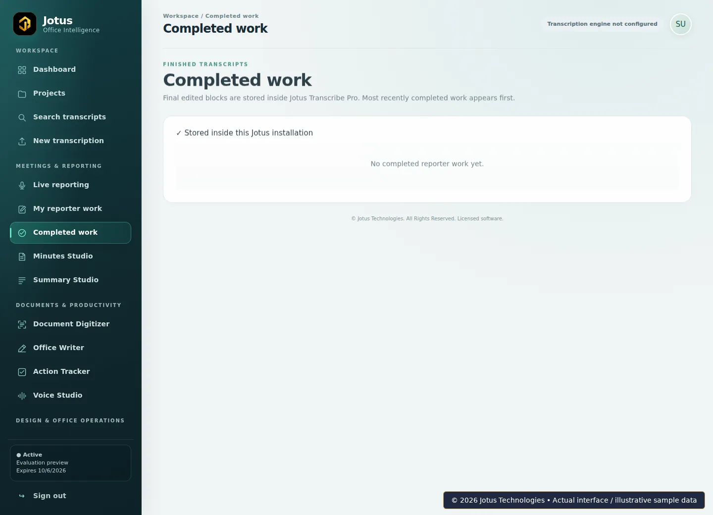 Jotus Office Intelligence Suite Completed work interface, showing illustrative sample data