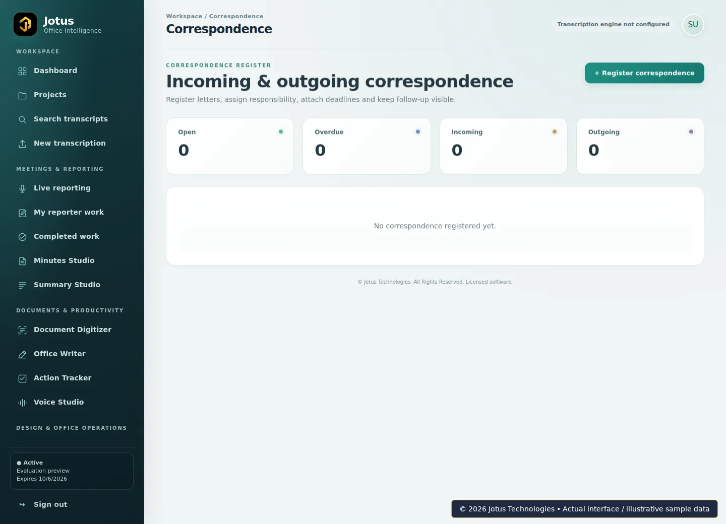 Jotus Office Intelligence Suite Correspondence interface, showing illustrative sample data