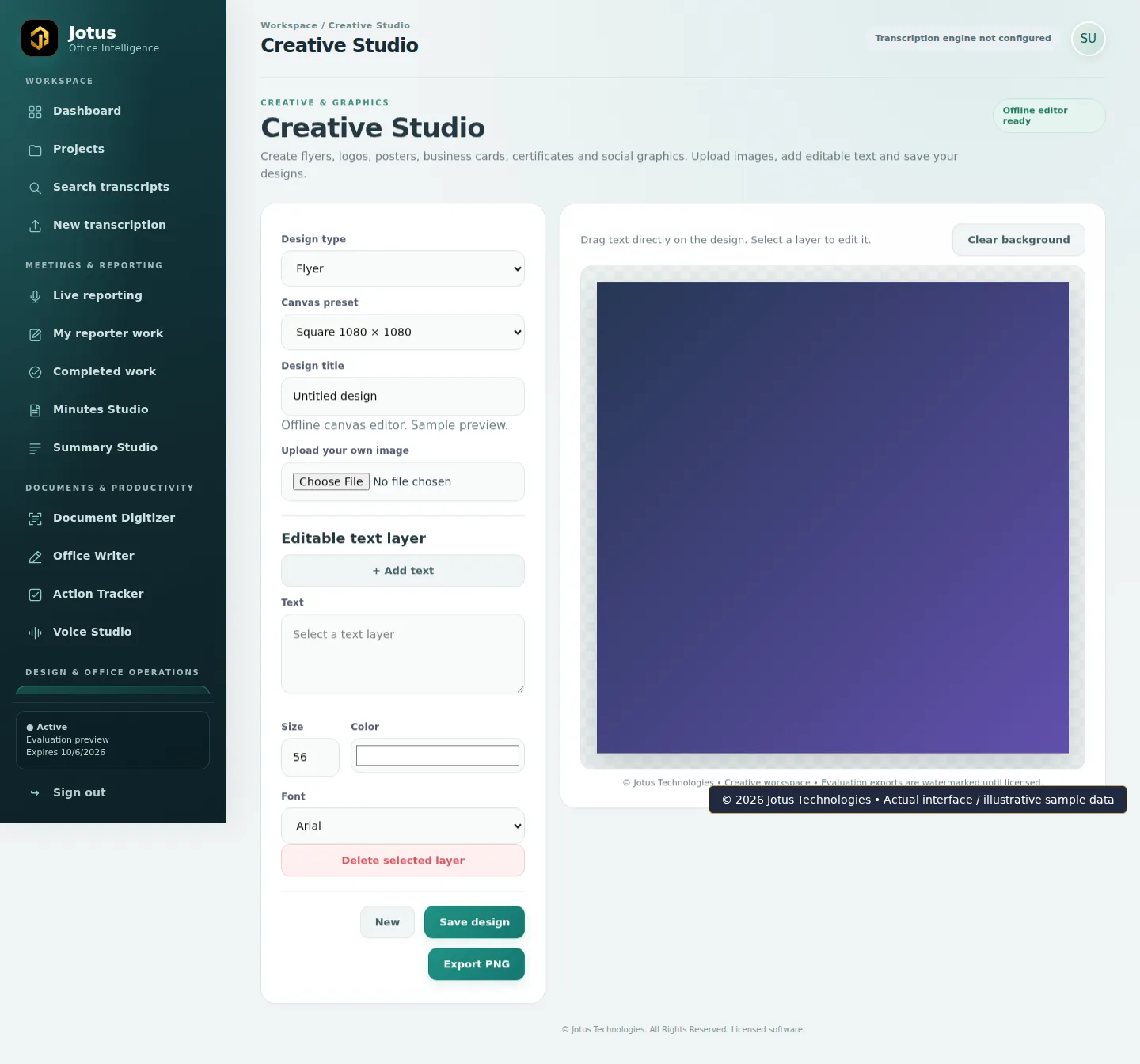 Jotus Office Intelligence Suite Creative Studio interface, showing illustrative sample data