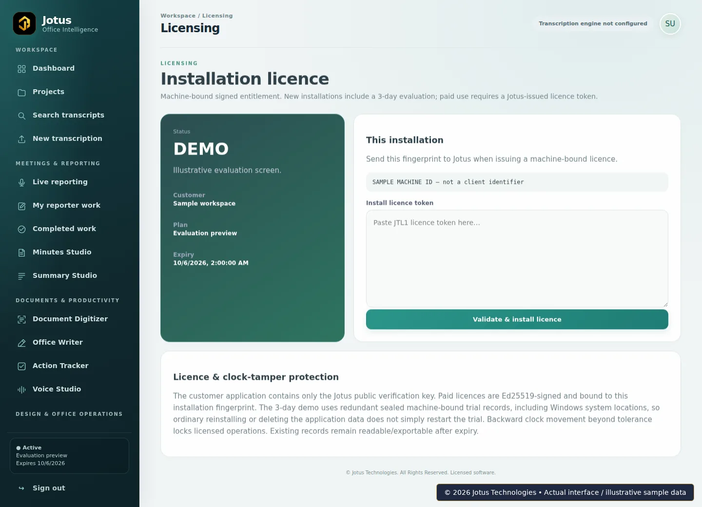 Jotus Office Intelligence Suite Licensing interface, showing illustrative sample data