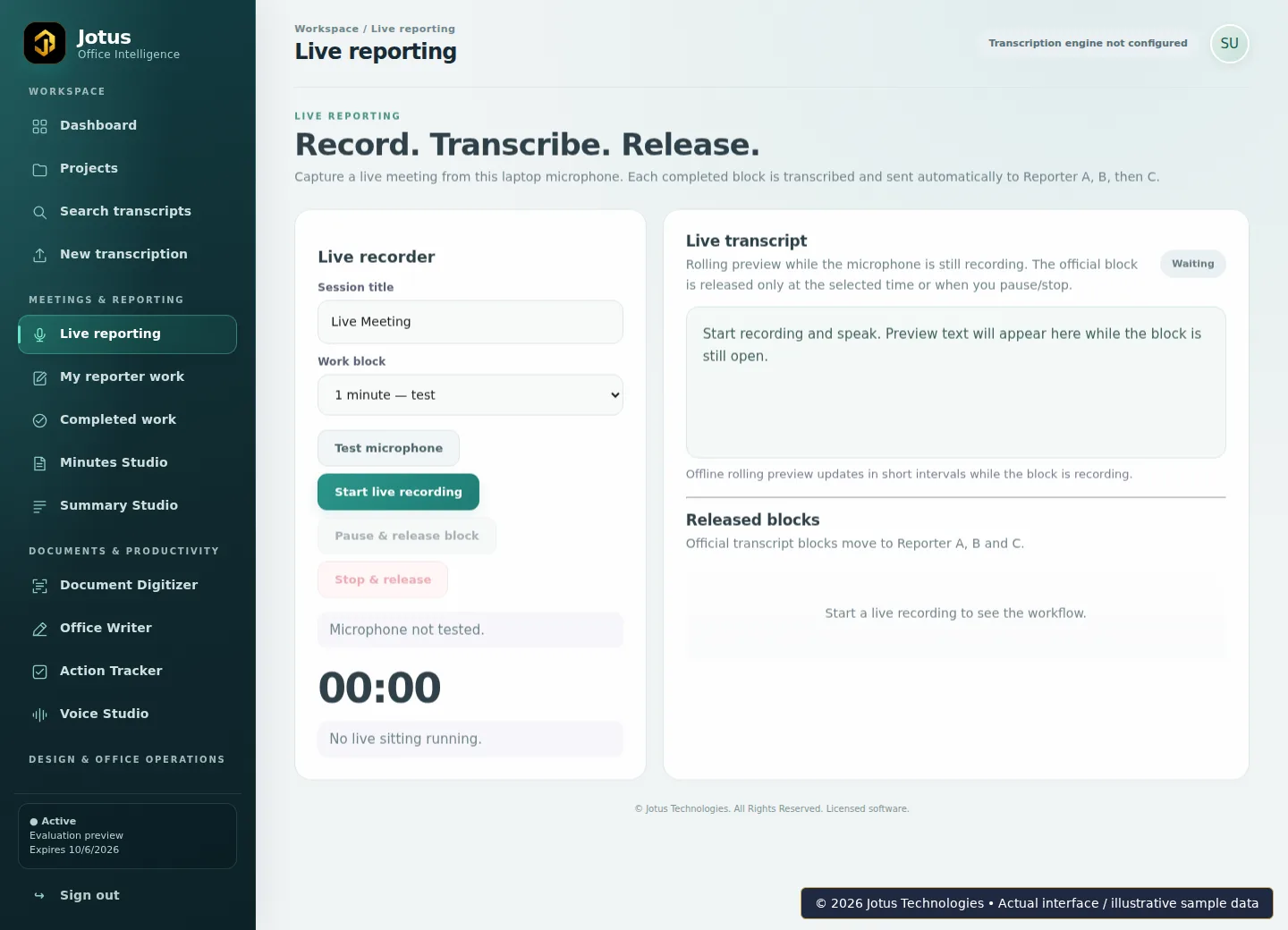 Jotus Office Intelligence Suite Live reporting interface, showing illustrative sample data
