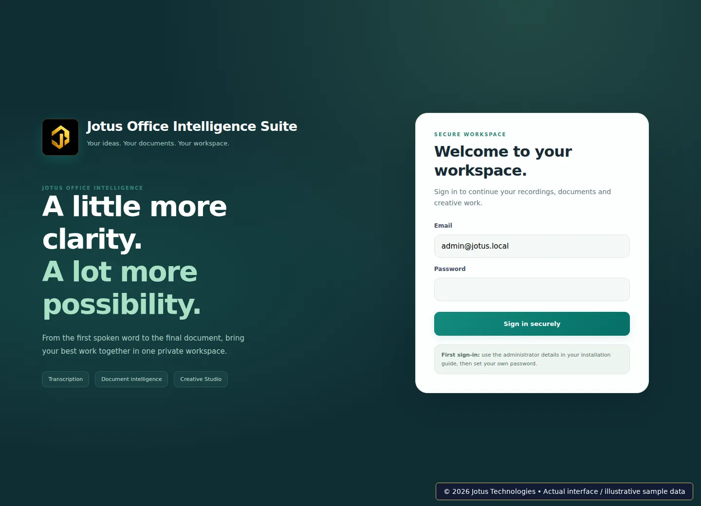 Jotus Office Intelligence Suite Sign-in interface, showing illustrative sample data