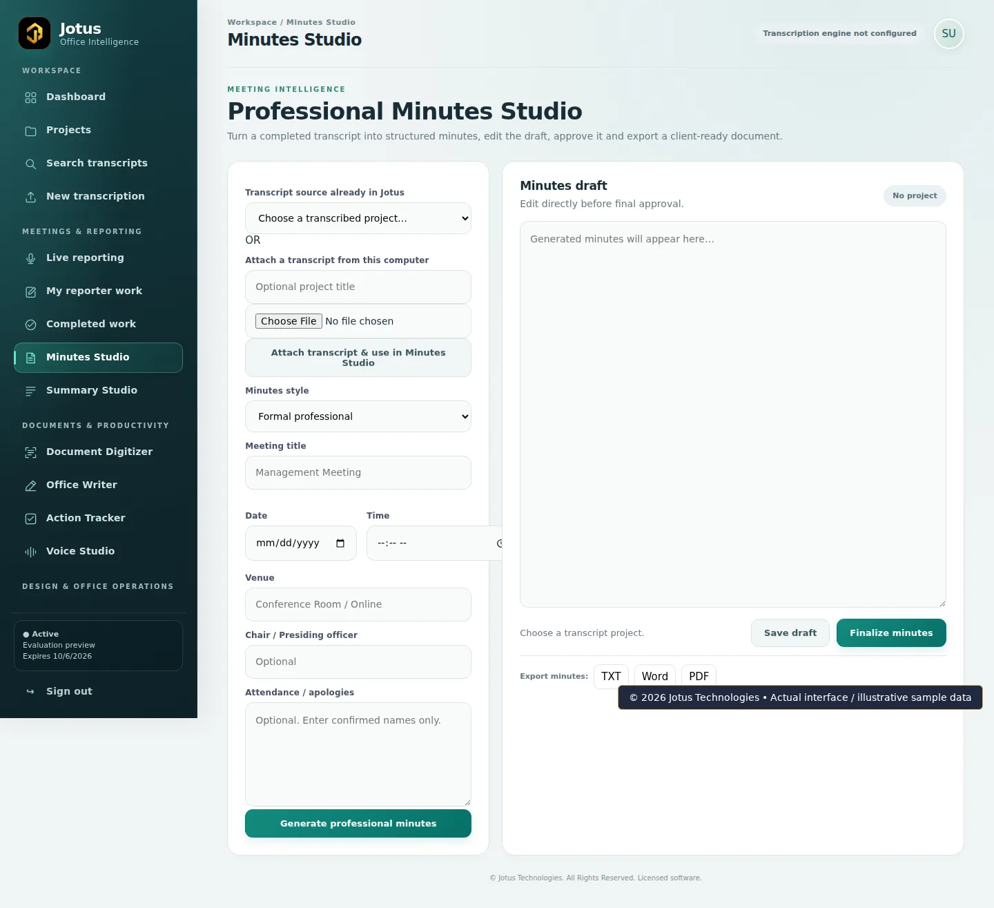 Jotus Office Intelligence Suite Minutes Studio interface, showing illustrative sample data