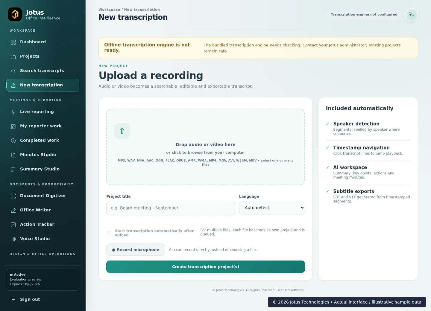 Jotus Office Intelligence Suite New transcription interface, showing illustrative sample data