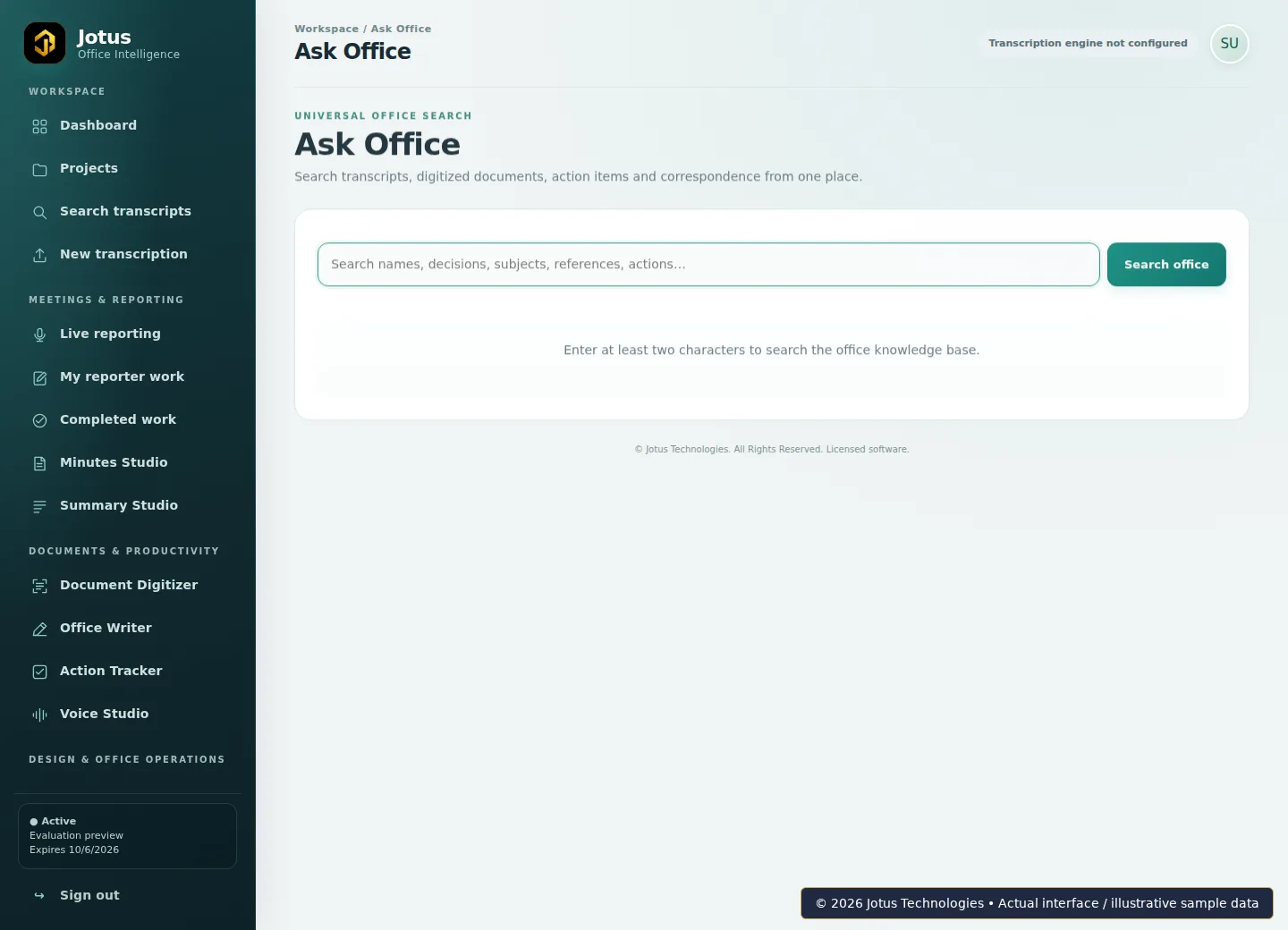 Jotus Office Intelligence Suite Ask Office interface, showing illustrative sample data