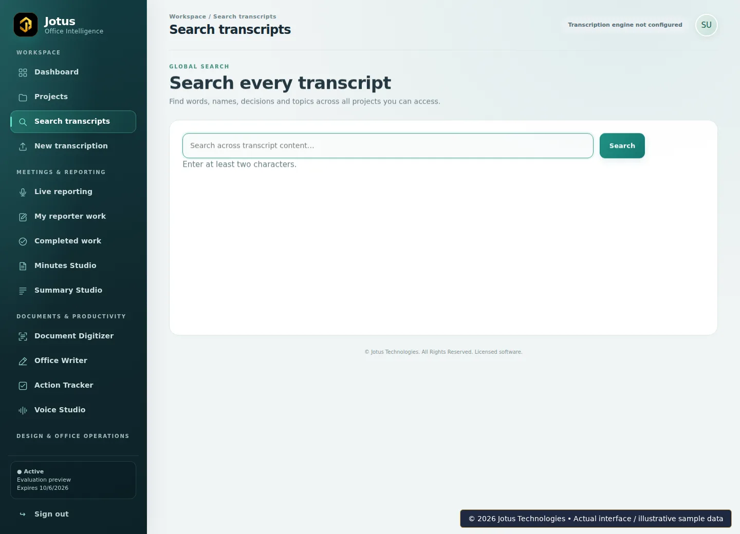Jotus Office Intelligence Suite Search transcripts interface, showing illustrative sample data