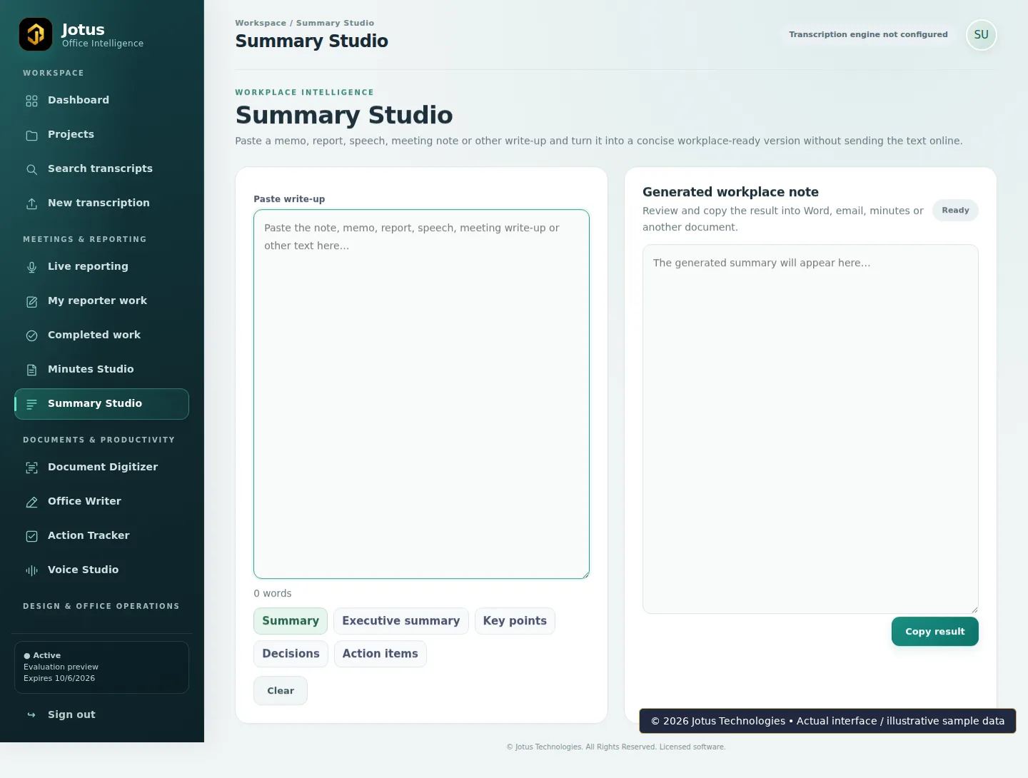 Jotus Office Intelligence Suite Summary Studio interface, showing illustrative sample data