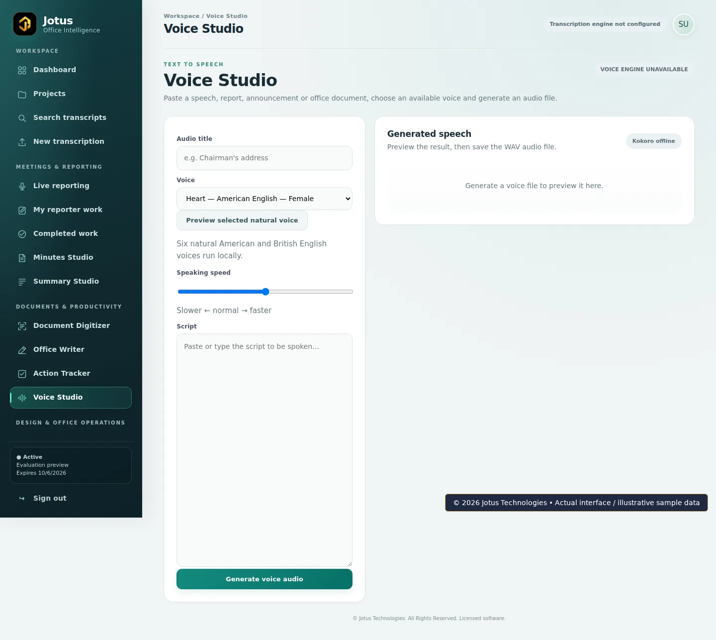 Jotus Office Intelligence Suite Voice Studio interface, showing illustrative sample data