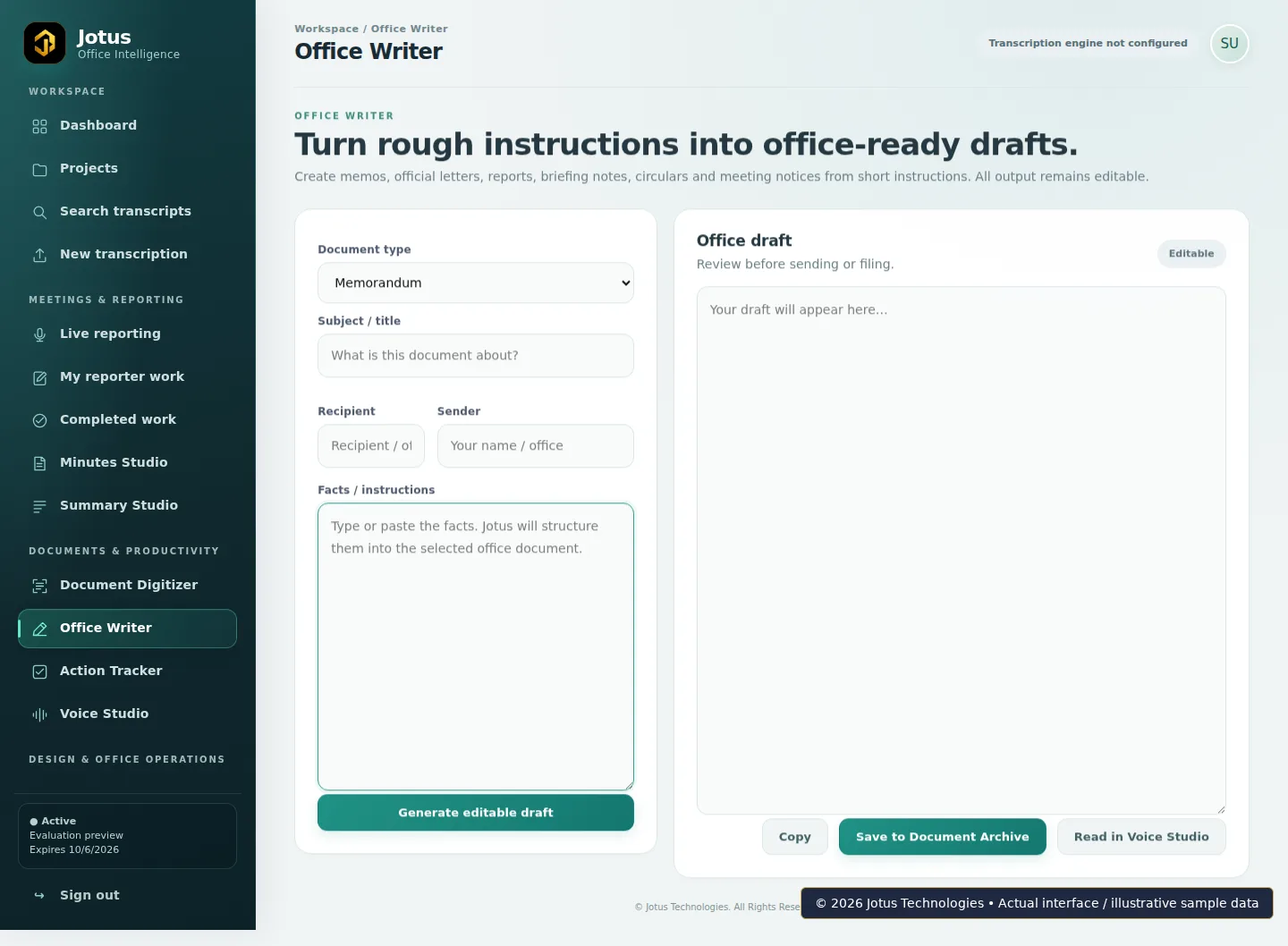 Jotus Office Intelligence Suite Office Writer interface, showing illustrative sample data